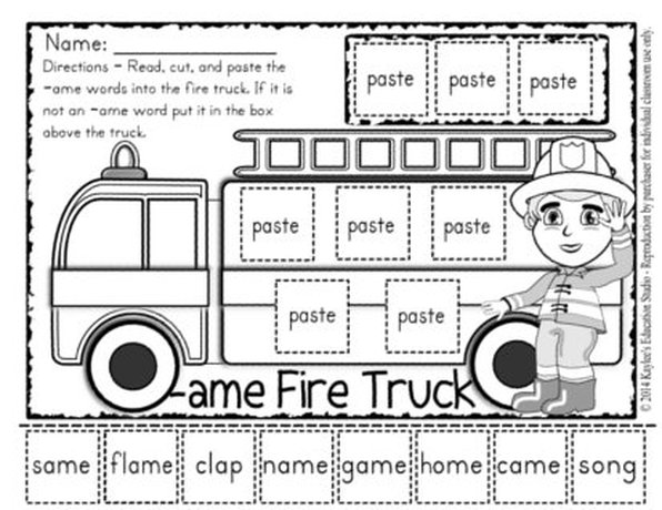 ame - Firetruck word family worksheet